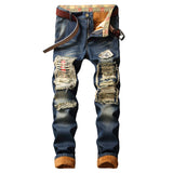J Shaped Jeans New Men's Jeans Retro Large Hole Patch Straight Thickening plus Velvet