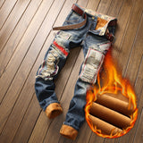 J Shaped Jeans New Men's Jeans Retro Large Hole Patch Straight Thickening plus Velvet