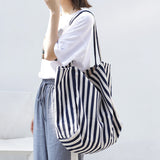 The Teacher Tote Vintage Handbag Simple and Fresh Striped Canvas Bag Fashion Large Capacity Women's Shoulder Bag