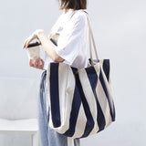 The Teacher Tote Vintage Handbag Simple and Fresh Striped Canvas Bag Fashion Large Capacity Women's Shoulder Bag