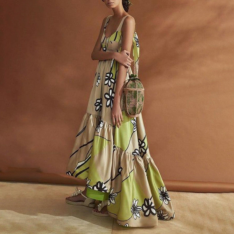 Beth Dutton Bohemian Dress Summer Spring Midi Dresses Printing Backless Lace up Printing Irregular Dress