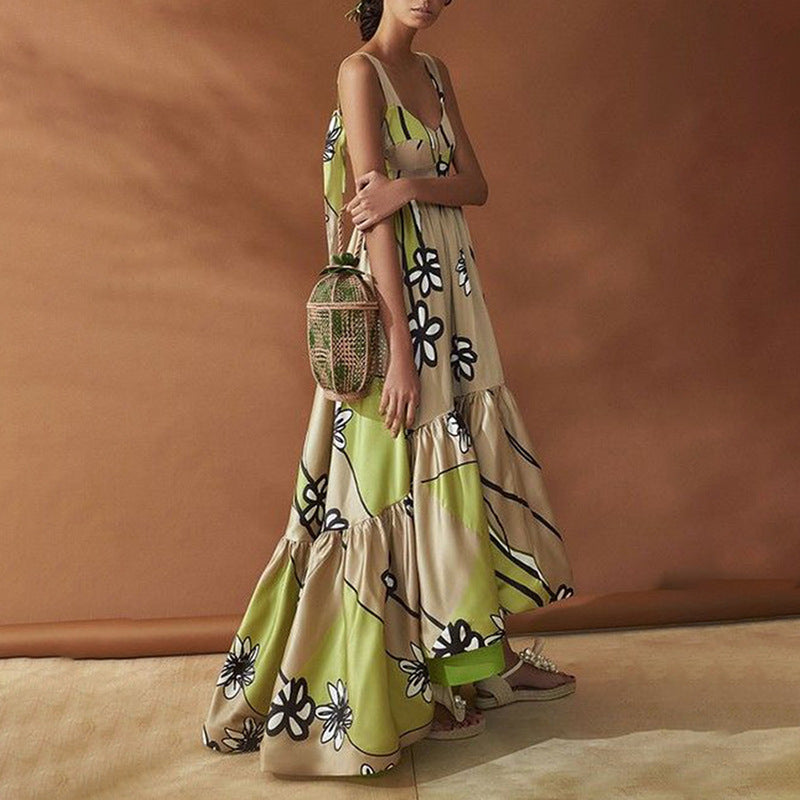 Beth Dutton Bohemian Dress Summer Spring Midi Dresses Printing Backless Lace up Printing Irregular Dress