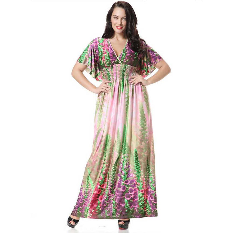 Women Plus Size Maxi Dresses Bohemian Low Cut V-neck Dress