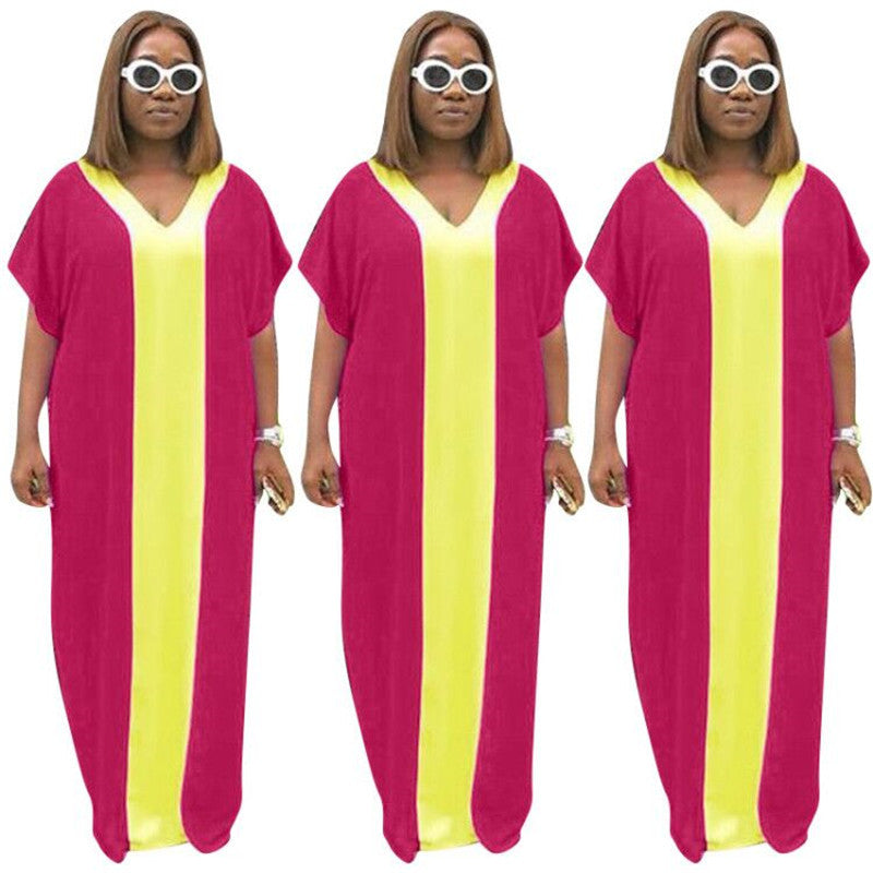 Women Plus Size Maxi Dresses Sexy Muslim Loose Stitching Maxi Dress