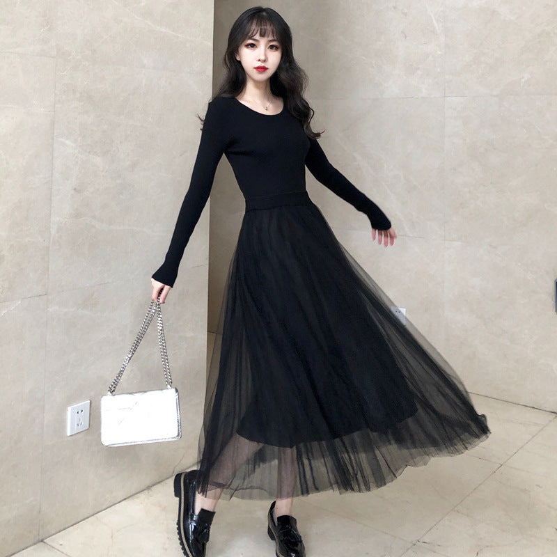 Work Dresses for Teachers Spring and Autumn Slim Fit Long Sleeve Mesh Patchwork Knitting Long Dress