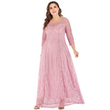 Women Plus Size Maxi Dresses Lace Long Dress Hollow Out Long Sleeve Muslim Dress