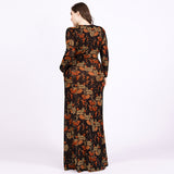 Women Plus Size Maxi Dresses Muslim Crew Neck Long Sleeve Printed Maxi Dress