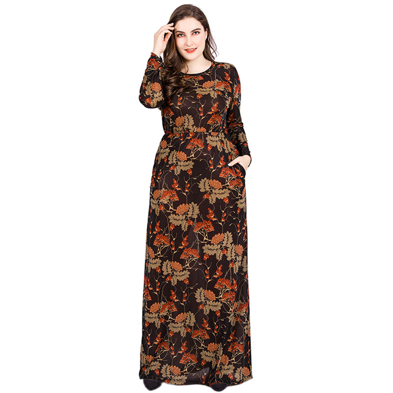 Women Plus Size Maxi Dresses Muslim Crew Neck Long Sleeve Printed Maxi Dress