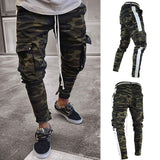 J Shaped Jeans Multi-Pocket Narrow Bottom of a Trouser Leg Side Ribbon Camouflage Jeans