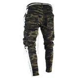 J Shaped Jeans Multi-Pocket Narrow Bottom of a Trouser Leg Side Ribbon Camouflage Jeans