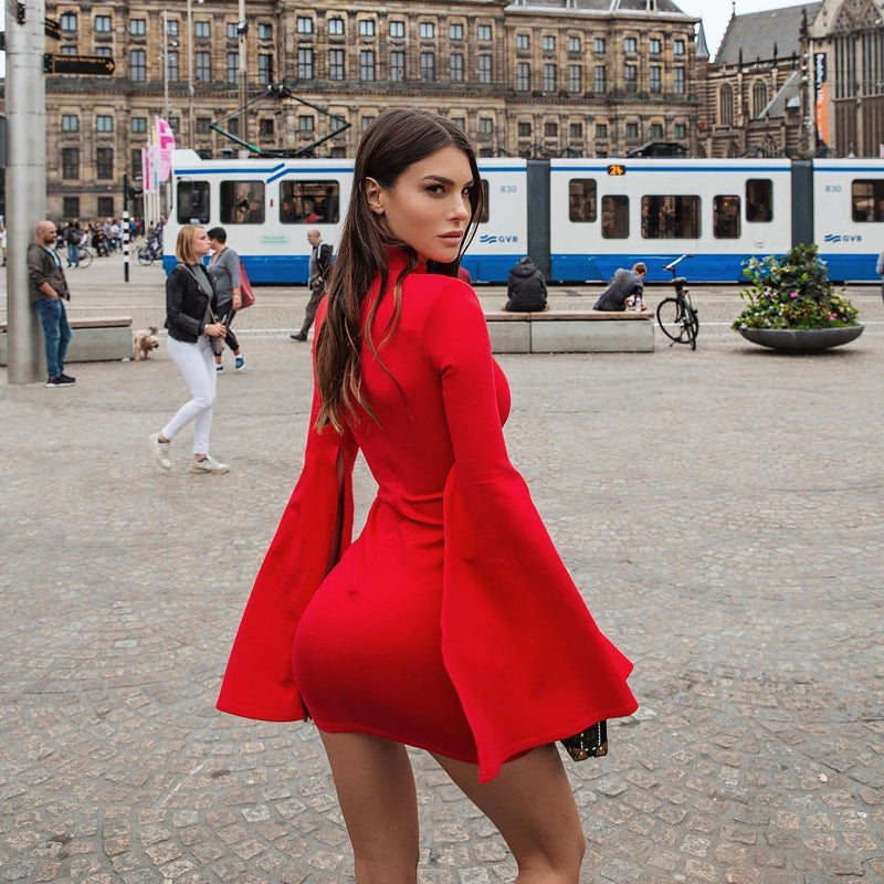 Dakota Johnson Red Mini Dress Turtleneck Slit Flare Sleeve