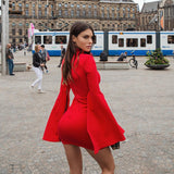 Dakota Johnson Red Mini Dress Turtleneck Slit Flare Sleeve