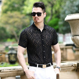 Transparent Shirt for Men Men's Short-Sleeved Shirt Slim Hollow out Embroider Jacket