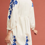 Women Dresses V-neck Embroidered Flower Lantern Sleeve Fashion Dress