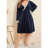 Women Plus Size MIDI Dresses V Collar Lace Blue Velvet Dress