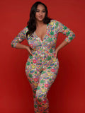 Women Plus Size Pants Printed Sexy Homewear Jumpsuit