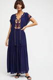 Women Dresses Bohemian Embroidered V-neck Lace-up Dress Long Dress