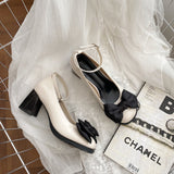 Nude Pumps Block Heel Bow Retro Chunky Heel Leather Shoes