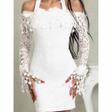 Knee Length Semi Formal Dresses for Wedding off-Shoulder Lace Long Sleeve Midi Dress