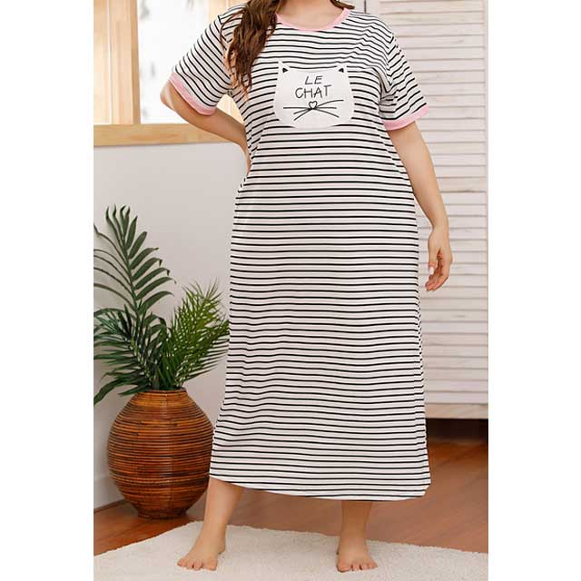 Women Plus Size Maxi Dresses Slimming and Fashionable Round Neck Striped White Dress
