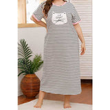 Women Plus Size Maxi Dresses Slimming and Fashionable Round Neck Striped White Dress