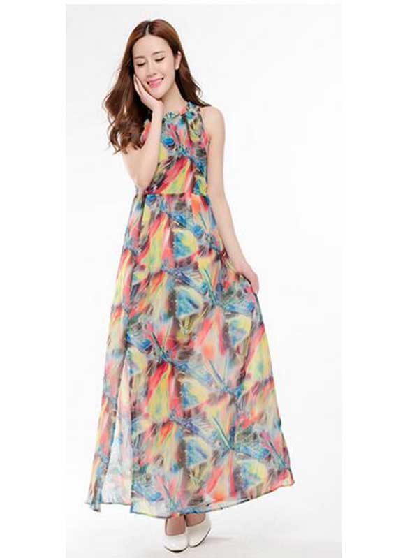 Women Plus Size Maxi Dresses Bohemian Sleeveless Printed Large Swing Dress