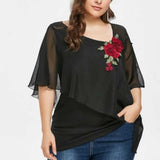 Women Plus Size Tops Summer V-neck Embroidery Irregular Chiffon Top