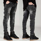 J Shaped Jeans Fashion Brand Motorcycle Pants Pleated Slim Fit Skinny Stretch Jeans