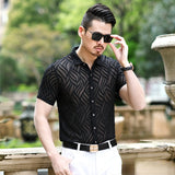 Transparent Shirt for Men Short Sleeve Shirt Embroidered Hollow Flower Shirt