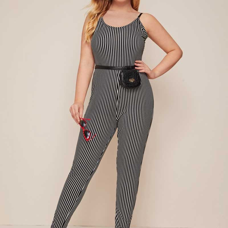Women Plus Size Pants Spring/Summer Stretch Tight Braces Striped One-Piece Trousers