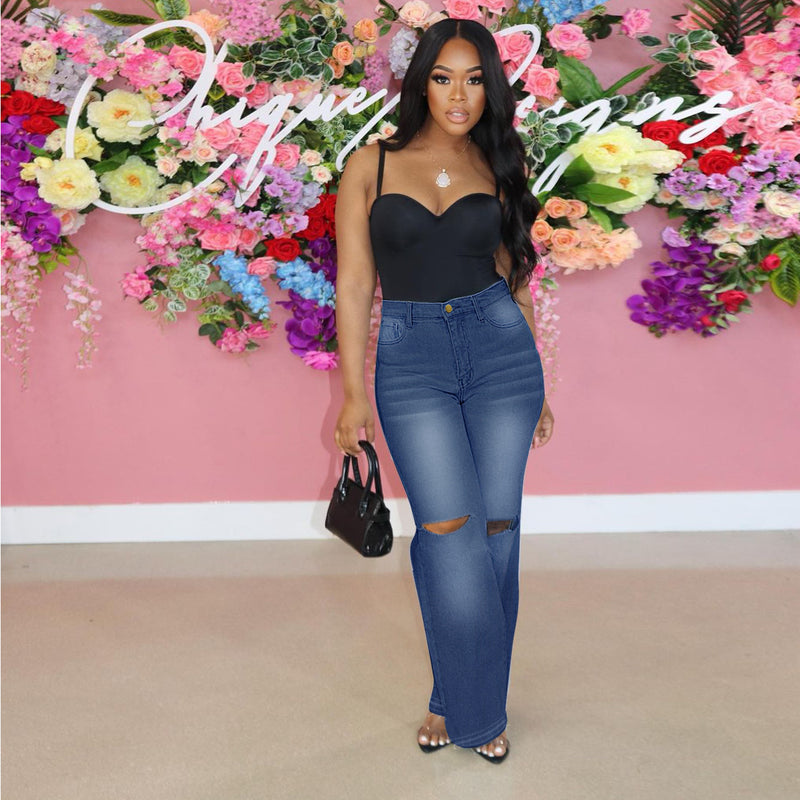 Women Plus Size Jeans High Waist Ripped Denim Straight-Leg Pants