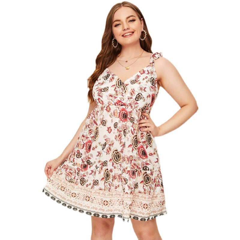 Women Plus Size Mini Dresses Spring/Summer Loose Spaghetti-Strap Floral Print Dress