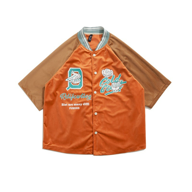 Baseball T Shirt Summer Corduroy Contrast Color Letter Print Baseball Collar Short Sleeve Shirt for Men