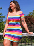 Women Plus Size Mini Dresses Casual Sports Short Sleeve Striped Off-Shoulder Dress