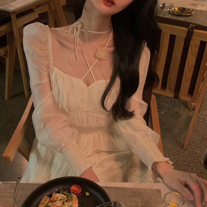 Fairy Dress Women's Long-Sleeved Dress Early Autumn off-White Temperament French Hepburn Style Autumn Winter Skirt