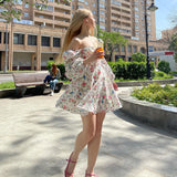 Women Summer Dresses Mini Dress Square Collar Halter Puff Sleeve Floral Skirt Dress