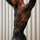 Transparent Shirt for Men Tight Moon Print Top Plaid Embroidery See-through T-shirt