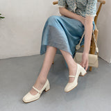 Nude Pumps Block Heel Mary Jane Leather Shoes