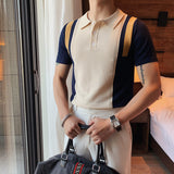 Men Short Sleeve T-Shirt Color Block Knitted Polo Shirt Summer Lapels T-shirt