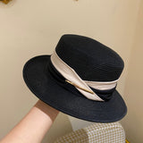 Straw Hat Dual-Color Patchwork Decorative Flat Top Hat