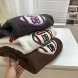 Diana Harvard Sweatshirt Vintage Towel Embroidery Fleece-Lined Crew Neck Sweater Pullover Top