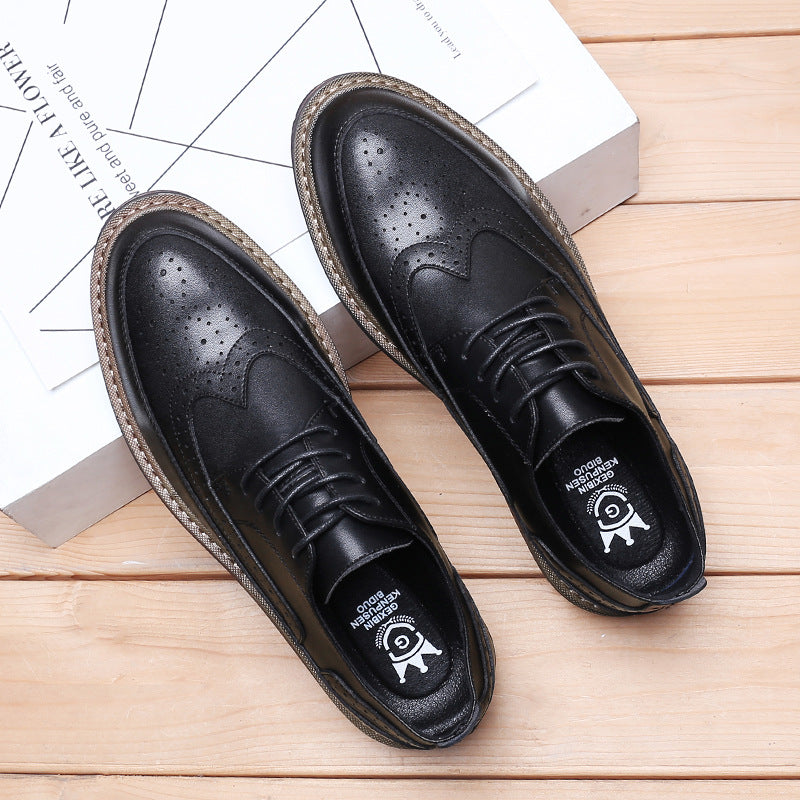 Indo Western Shoes Autumn Brogue Men's Shoes British round Head Thick Bottom Lace-up Youth Black Business Formal Casual Leather Shoes