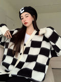Preppy Aestitic Outfits Black and White Checkerboard Plaid Knitted Sweater