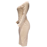 Women Bohemian Dress Autumn Solid Color Sexy Bag Arm Midi Dress