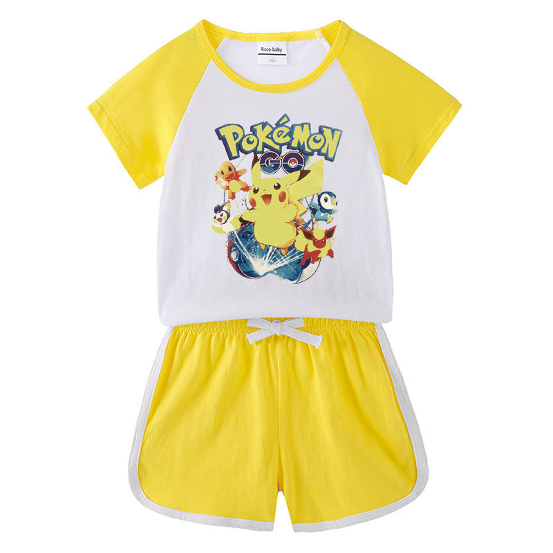 Children Pokemon Pikachu Tshirts & Shorts Short-Sleeved T-shirt Shorts Casual Sports Two-Piece Neutral