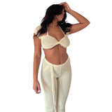 Women Top & Pant 2 Piece Set Summer Sexy Hollow T-shirt Slim Fit Bootcut Trousers Suit