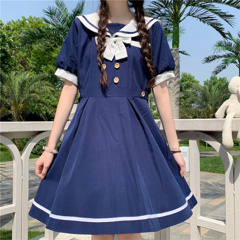 Gothic Lolita Harajuku Style Clothing College Style Sailor Collar Contrast Color Double Breasted Dress for Women