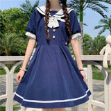Gothic Lolita Harajuku Style Clothing College Style Sailor Collar Contrast Color Double Breasted Dress for Women