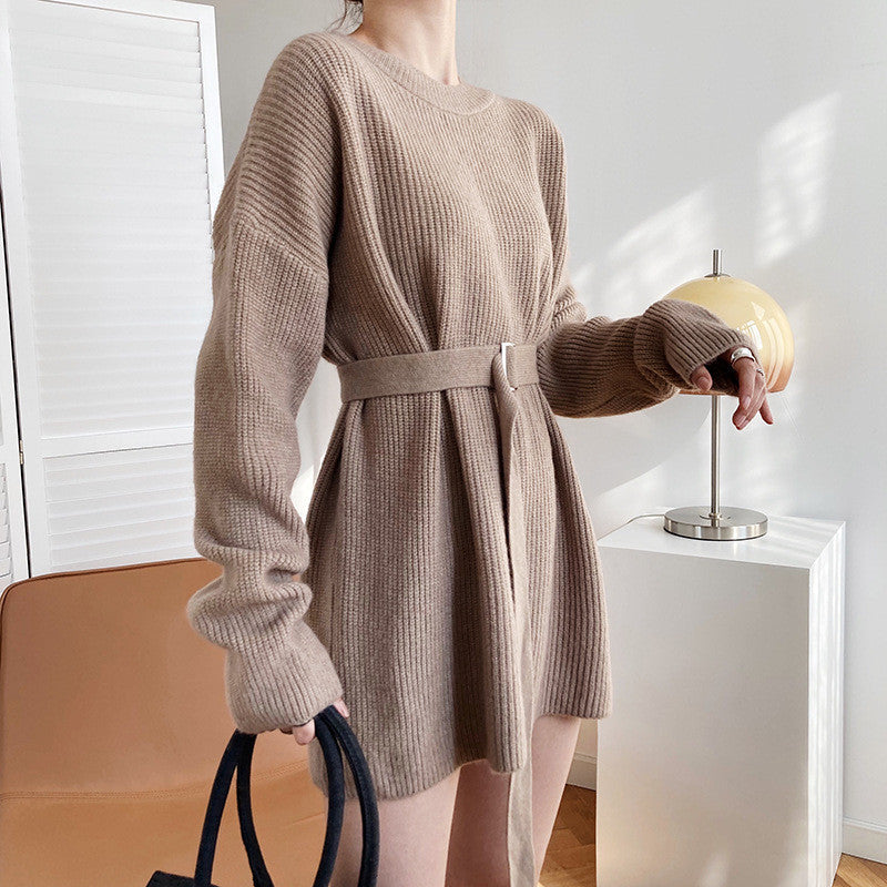 Sweater Dress Outfit With Tights 2 Piece Set Knitted Dress Women's Belt Waist-Tight Autumn