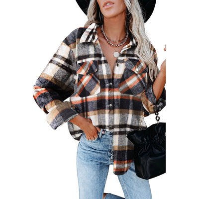Beth Dutton Outfits Autumn and Winter Loose Woolen Plaid Long Sleeve Shirt Breasted Coat